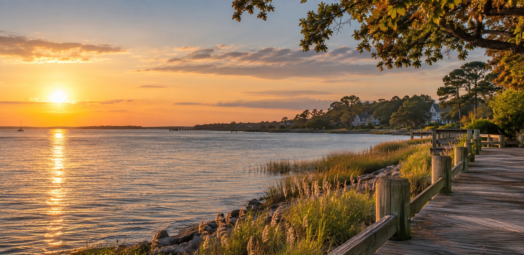 Sunset over the water along a Hampton Roads boardwalk